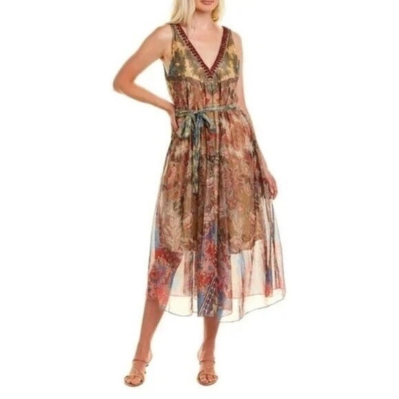 Hemant & Nandita Mellona Floral Embroidered Midi Dress Women’s‎ Size Small Gold - Picture 1 of 10